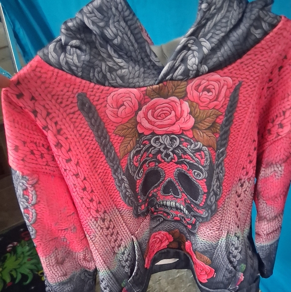 Women's Pink and Gray Skull Hoodie - Picture 1 of 3